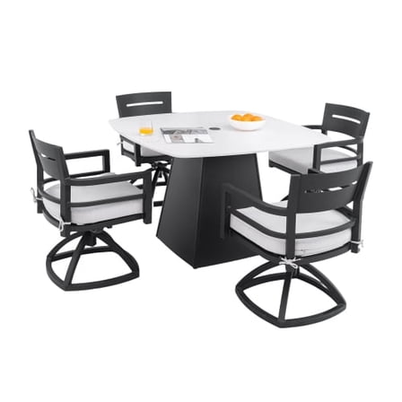 5pcs set : Squircle Dining Table 4pcs  Swivel Rockers with Sunbrella Cushions Flared Pyramid Aluminum Base,Ember Black