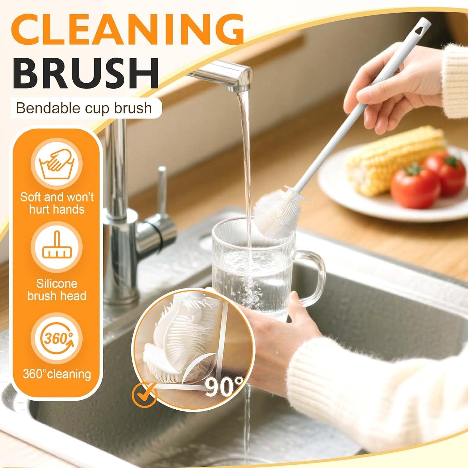12.4" Silicone Bottle Brush, 3-in-1 Ergonomic Long Handled Cleaning Cup Brush,Water Bottle Cleaner,Deep Cleaning for Baby Bottles,Glassware, Narrow Neck Containers