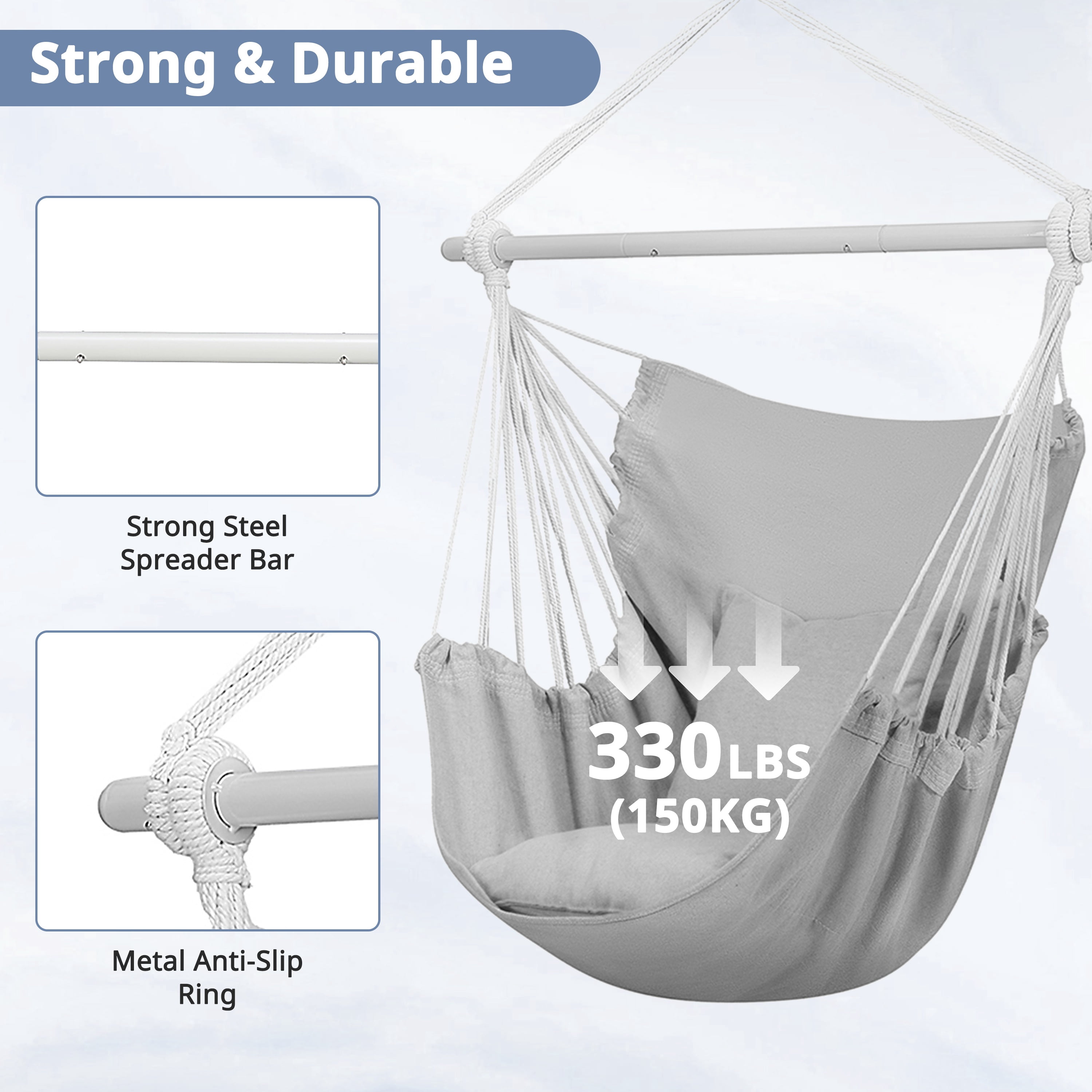 Large Hammock Chair Swing, Relax Hanging Rope Swing Chair with Detachable Metal Support Bar & Two Seat Cushions, Cotton Hammock Chair Swing Seat for Yard Bedroom Patio Porch Indoor Outdoor