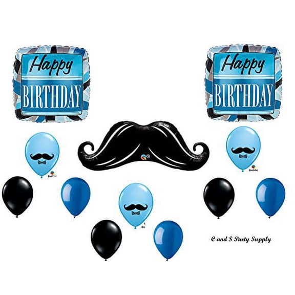 BLUE & BLACK MUSTACHE BIRTHDAY Balloons Decorations Supplies