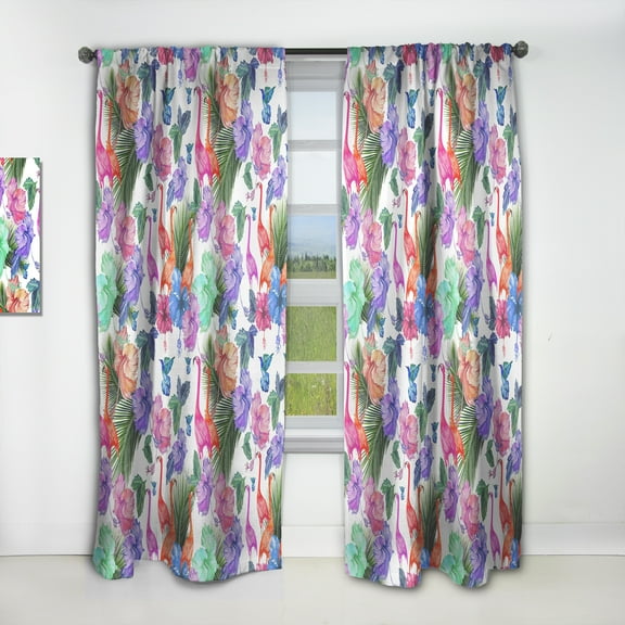Designart 'Flamingo With Flowers' Tropical Curtain Panel