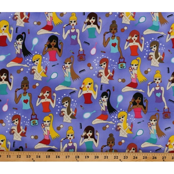 Cotton Girls Hair Makeup Mascara Hair Stylist Cosmetology Fashion Beauty Purple Cotton Fabric Print by the Yard (8188K-2D)