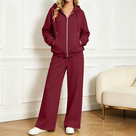 Huowey Women S Sweatsuits 2 Piece Set Fall Loungewear Outfits Zip Up Hoodie And Pants Long Sleeve Trendy Travel Clothes Wine S