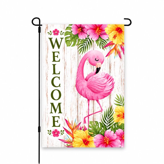 Welcome Flamingo Garden Flag, Tropical Flowers & Leaves, 12 x 18 Inch, Colorful Yard Decor for Patio, Porch, Lawn, Summer Outdoor Decoration