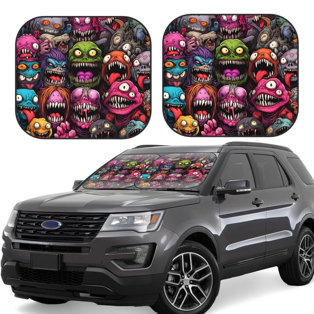Balery Monstrous Cartoon Characters Parasol para parabrisas de coche de 2 piezas | Parasol plegable para parabrisas delantero de coche para la mayoría de sedanes-Medium