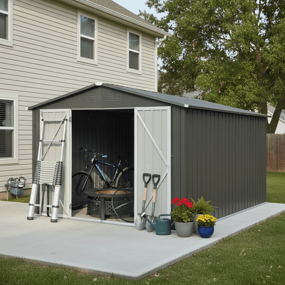 LuckyNote 10x12 Ft Metal Outdoor Storage Shed, Double Door Garden Shed with Punched Vents, Galvanized Steel, Weatherproof, Grey