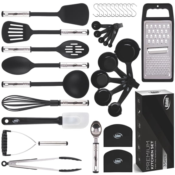 Kaluns 35 Pcs Cooking Utensils Set, Nonstick Heat Resistant Nylon & Stainless Steel Cooking Sets – Complete Kitchen Essentials & Kitchenware, Black
