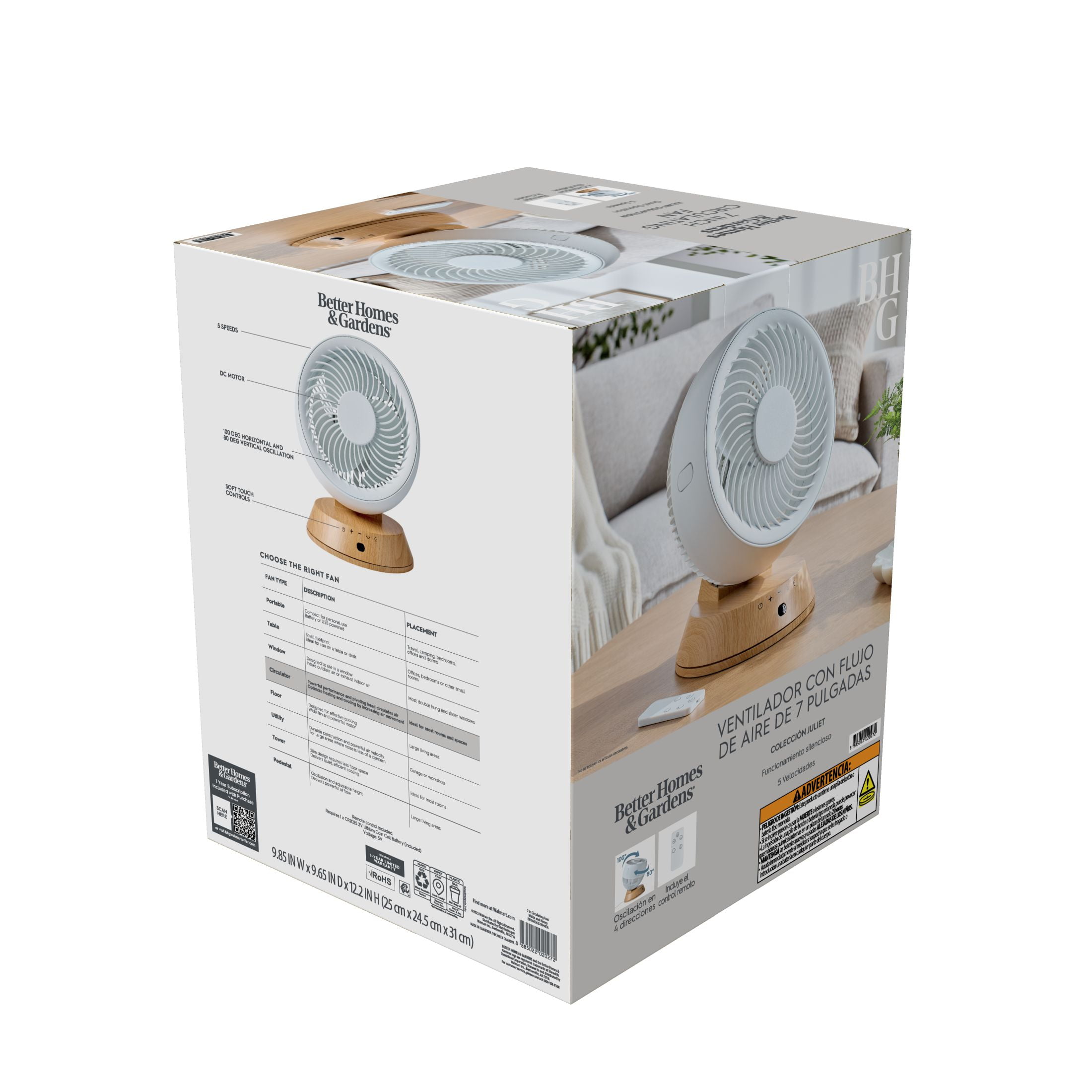 Better Homes & Gardens 7Inch Circulating Fan, Juliet Collection, White and Light Honey