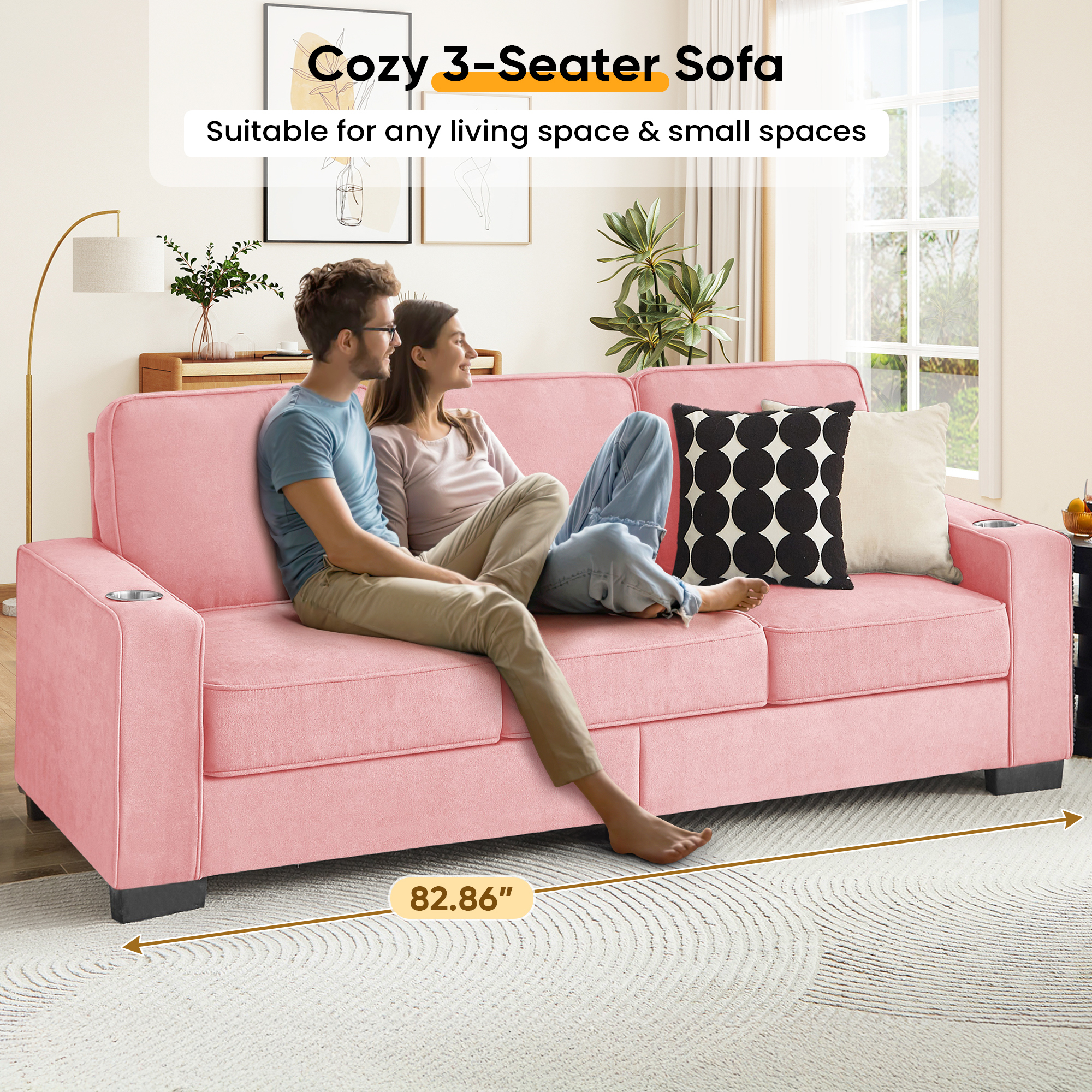 Lunale 83" Velvet Sofa with Cup Holders, Modern 3-Seater Couch for Living Room, Apt., Pink