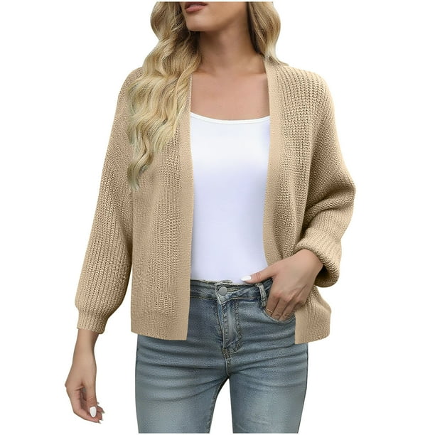 Suéter de cuello en V para mujer, cárdigan de punto grueso con mangas abullonadas y bolsillo estilo invernal, abrigo de poliéster para mujer.