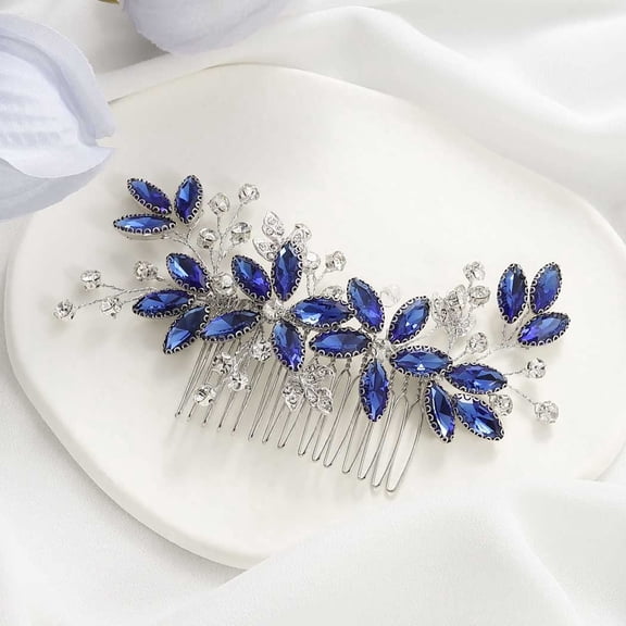 Crystal Bride Wedding Hair Comb Silver Leaf Bridal Hair Accessories Rhinestone Party Prom Hair Piece for Women and Girls (B Blue)