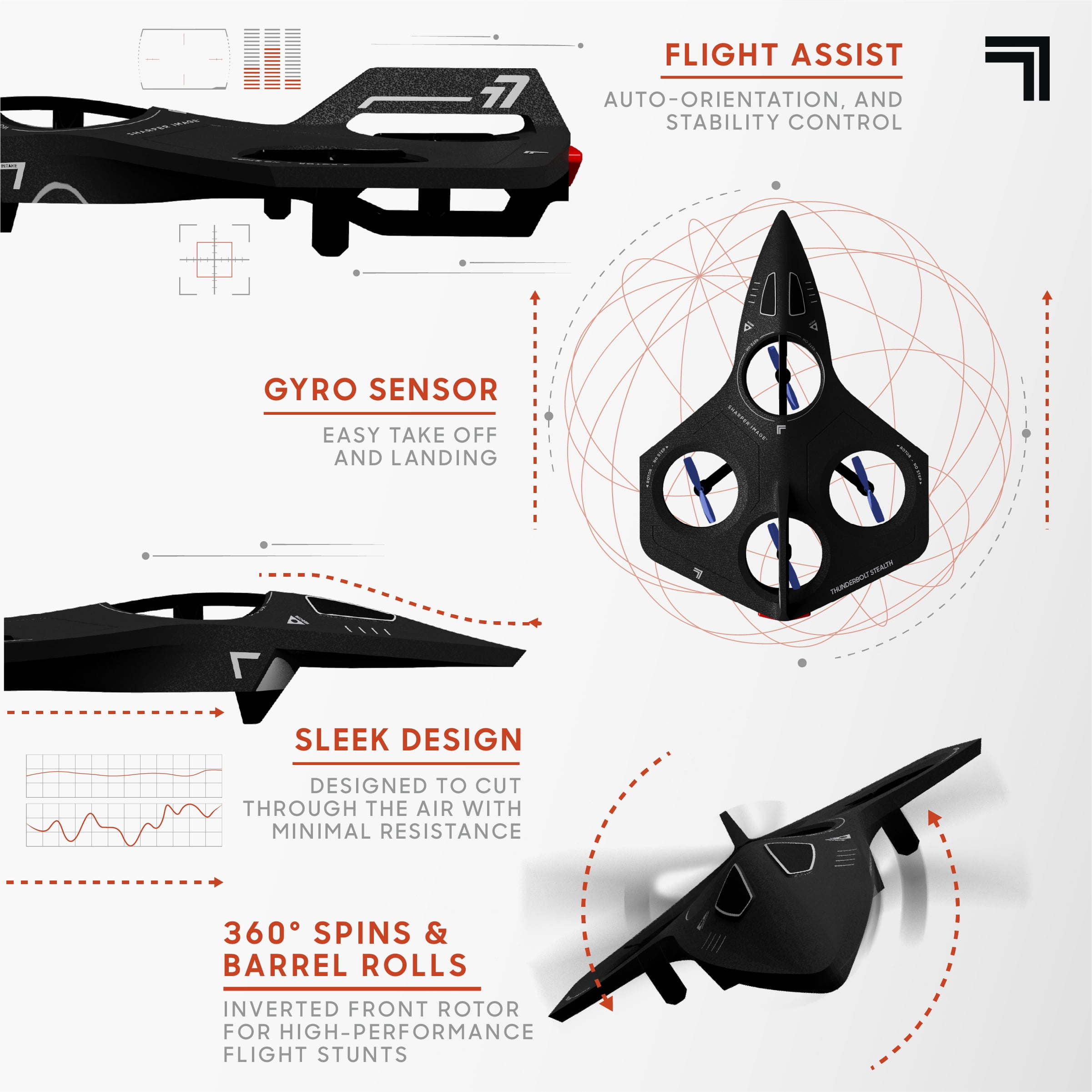 Sharper Image® Thunderbolt Stealth Drone, USB-C Rechargeable, Flight Assist & Gyro Sensor, Long Range Stunt Control