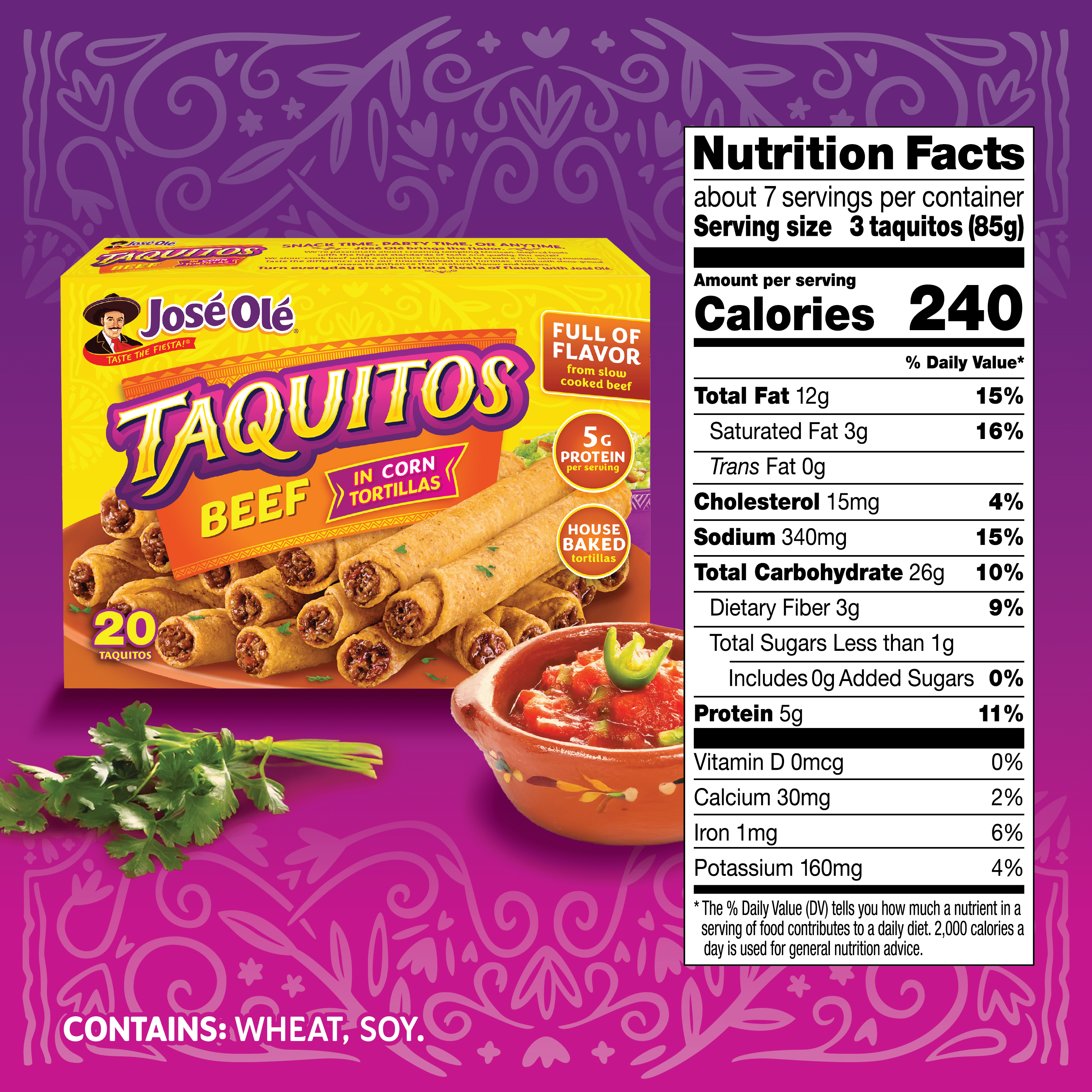 Jose Ole Beef Corn Taquitos, Frozen Mexican Food, 20 oz, 20 Count