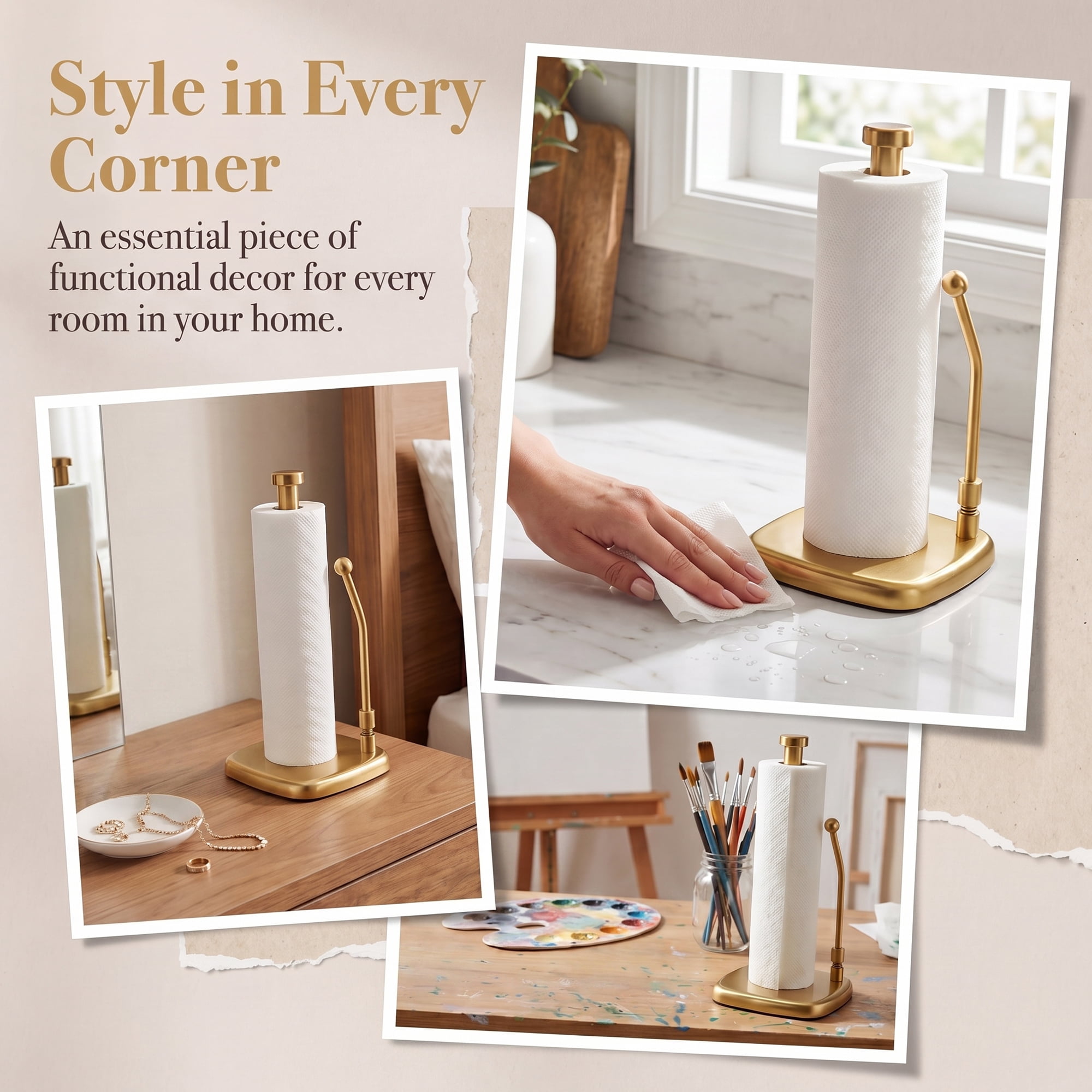 Unique Bargains Paper Towel Holder Countertop Weighted Base Gold 12.7x6.3inch