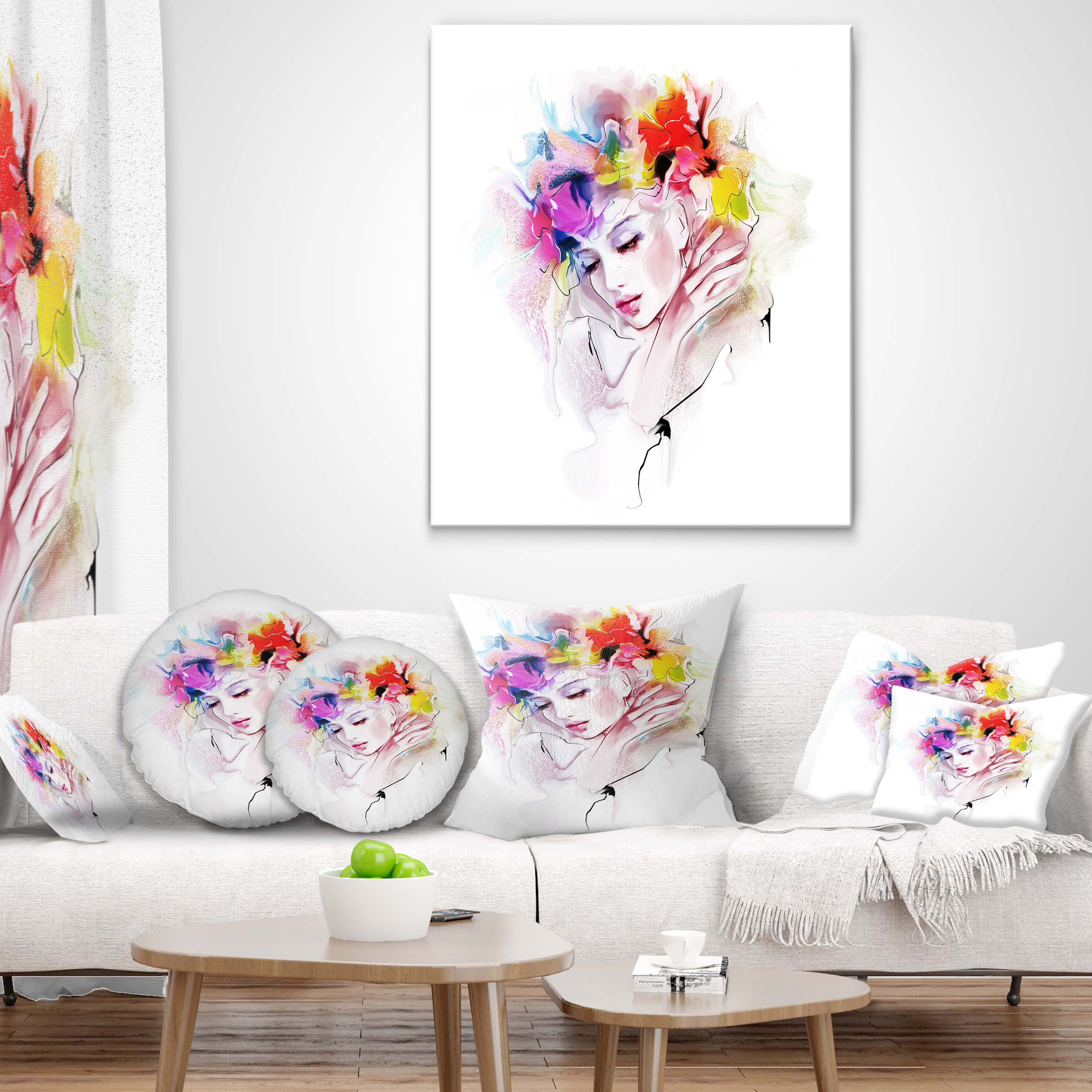 Designart Girl with Flowers Wreath - Abstract Portrait Throw Pillow - 16x16
