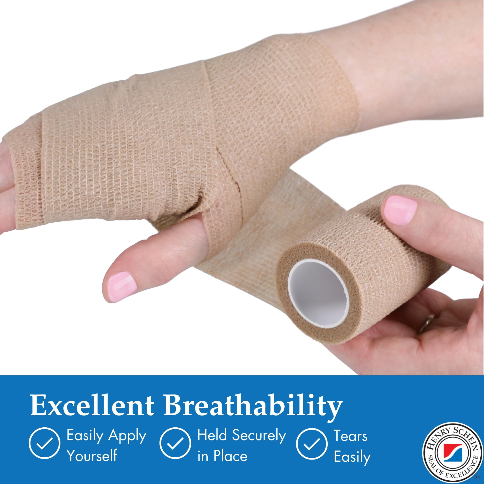 Henry Schein Premium Self-Adherent Elastic Bandage Wrap – 3" x 5 Yards, Tan – Box of 24 Rolls – Flexible, Latex-Free, Non-Sterile Medical Wrap for Compression & Wound Support