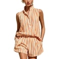 thumbnail image 3 of Pretxorve Women 2 Piece Outfits Print Striped Stand Collar Half Button Sleeveless Top Elastic Shorts Set, 3 of 5