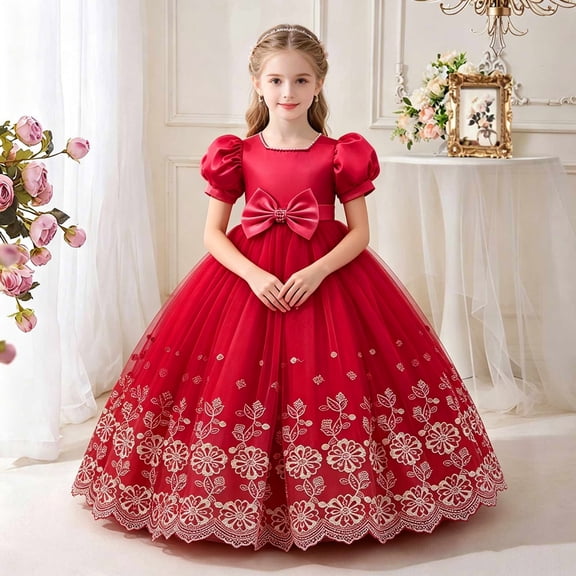 LEKWK Girls Floral Embroidered Princess Dress Puff Short Sleeve Tulle Pageant Gown Bow Waist Cute Dress for Wedding Flower Girl Formal Birthday Party 3-14Y