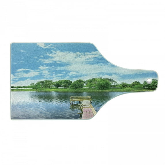 Landscape Cutting Board, Photo Taken from a Wooden Dock Towards the Sea and Forest Sky Calm Lake Print, Tempered Glass Cutting and Serving Board, Wine Bottle Shape, Multicolor, by Ambesonne