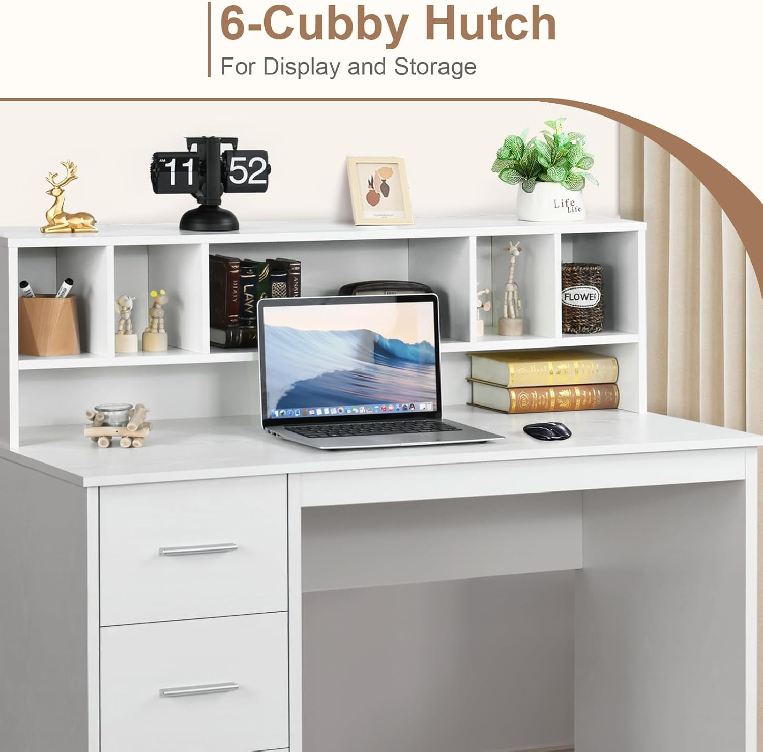 DreamCurship White Desk with Drawers, Home Office Desk with Hutch Shelf, Wood Study Writhing Desk for Kids, White