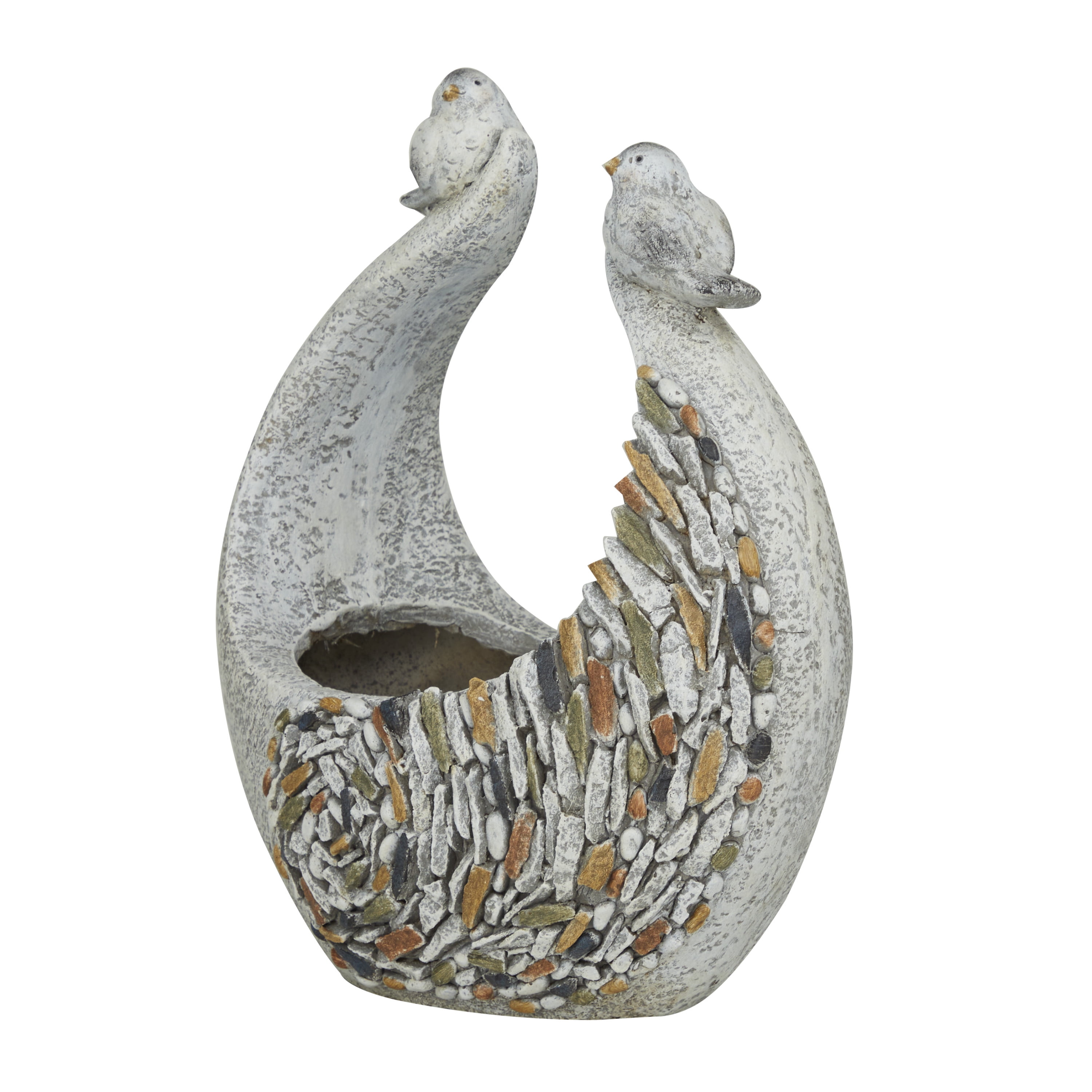 DecMode 14" x 15" Indoor Outdoor Gray Fiberglass Bird Planter with Stone Mosaic Design