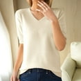thumbnail image 2 of Beige Popular Womens Clothes 2024, Elbow-Length Womens Oversized Tee Shirts, Cotton Dress Shirts for Women, Women's Fashion Sweater V Neck Half Sleeve Loose Base T Shirt Top, 2 of 9