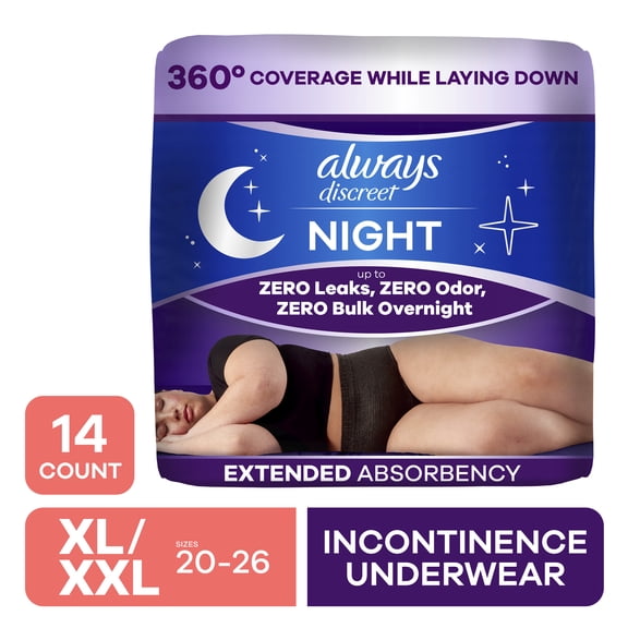 Always Discreet Adult Incontinence Overnight Underwear for Women, XL, Up to 100% Bladder Leak Protection, 14 CT