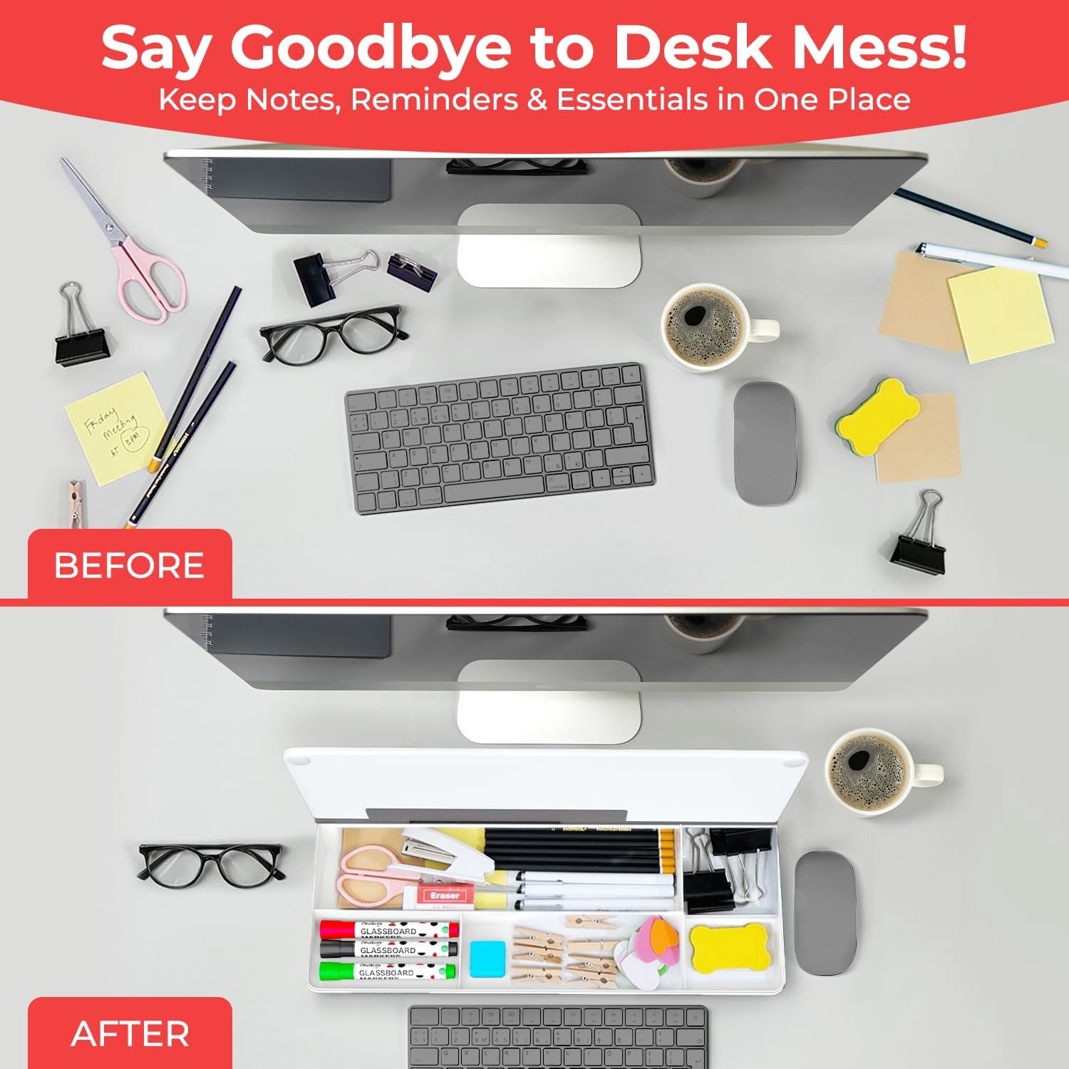 Glass Desktop Whiteboard With Storage - Dry Erase Board  Work Desk Organizers Computer Stand Home Office Accessories Small White Workspace Buddy + 3 Markers