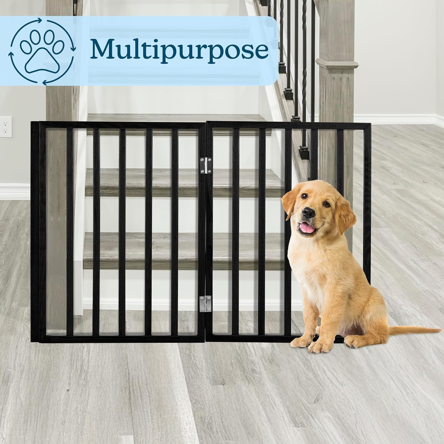 Foldable Indoor Dog Gate with 4 Panels for Stairs, Hallways, or Doorways - 72x24-Inch Retractable Wood Freestanding Pet Barrier (Gray)