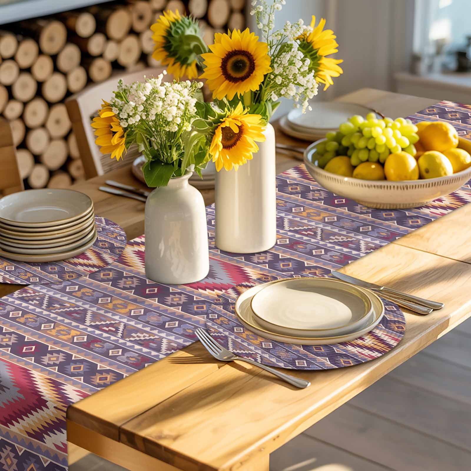 Southwest Aztec Round 13 Inch Placemats Set of 4, Country Retro Ethnic Geometric Motifs HeatResistant Non Slip Place Mats for Dining Table, Wipeable Braided Kitchen Table Mats for Housewarming