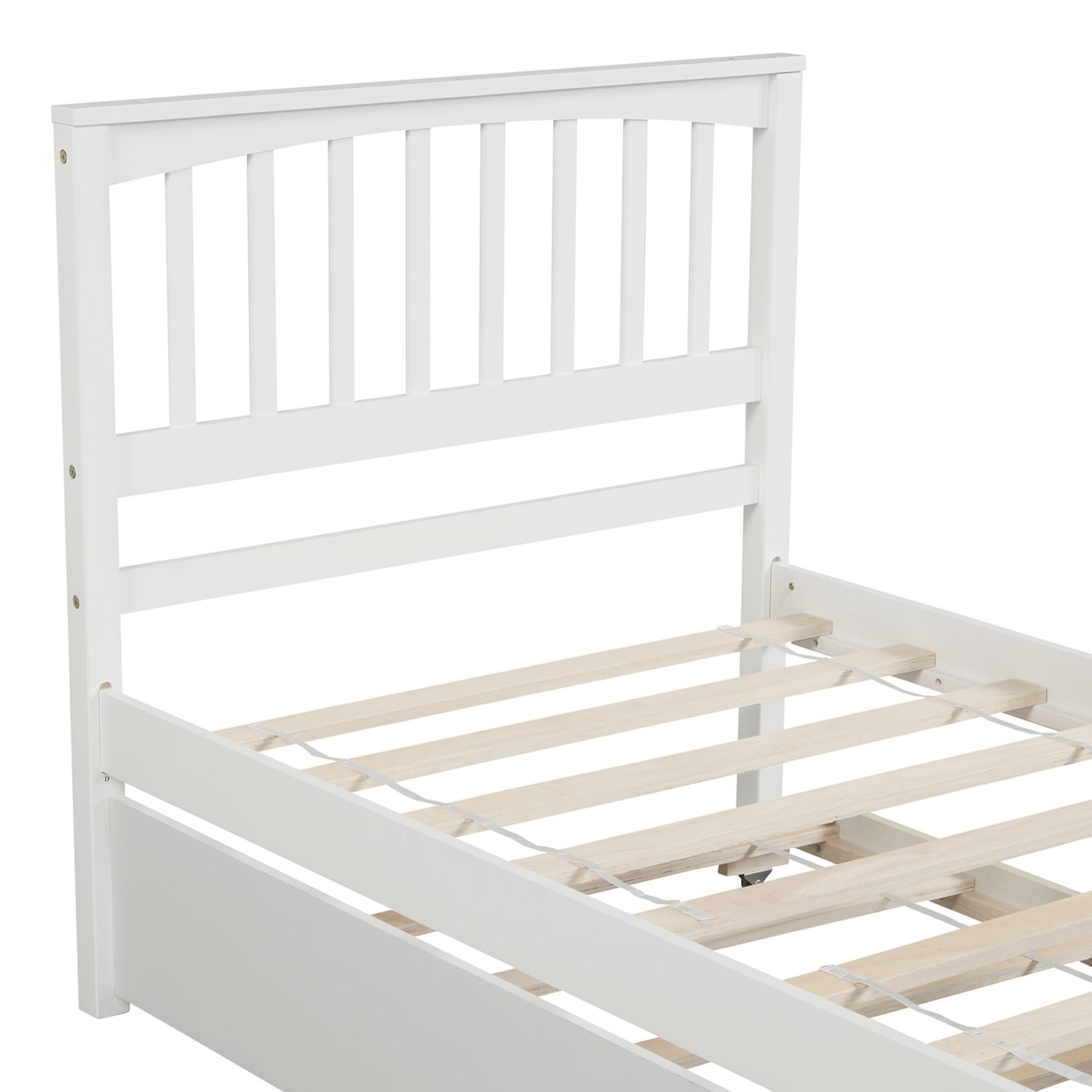Gewnee Wood Twin Size Platform Bed with Trundle and Headboard for Kids,White
