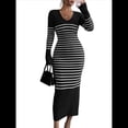 thumbnail image 2 of Vestido de Suéter A Rayas con Cuello en V para Mujer, Larga, Ajustado, Midi. Negro M, 2 of 7