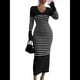 thumbnail image 2 of Vestido de Suéter A Rayas con Cuello en V para Mujer, Larga, Ajustado, Midi. Negro L, 2 of 7