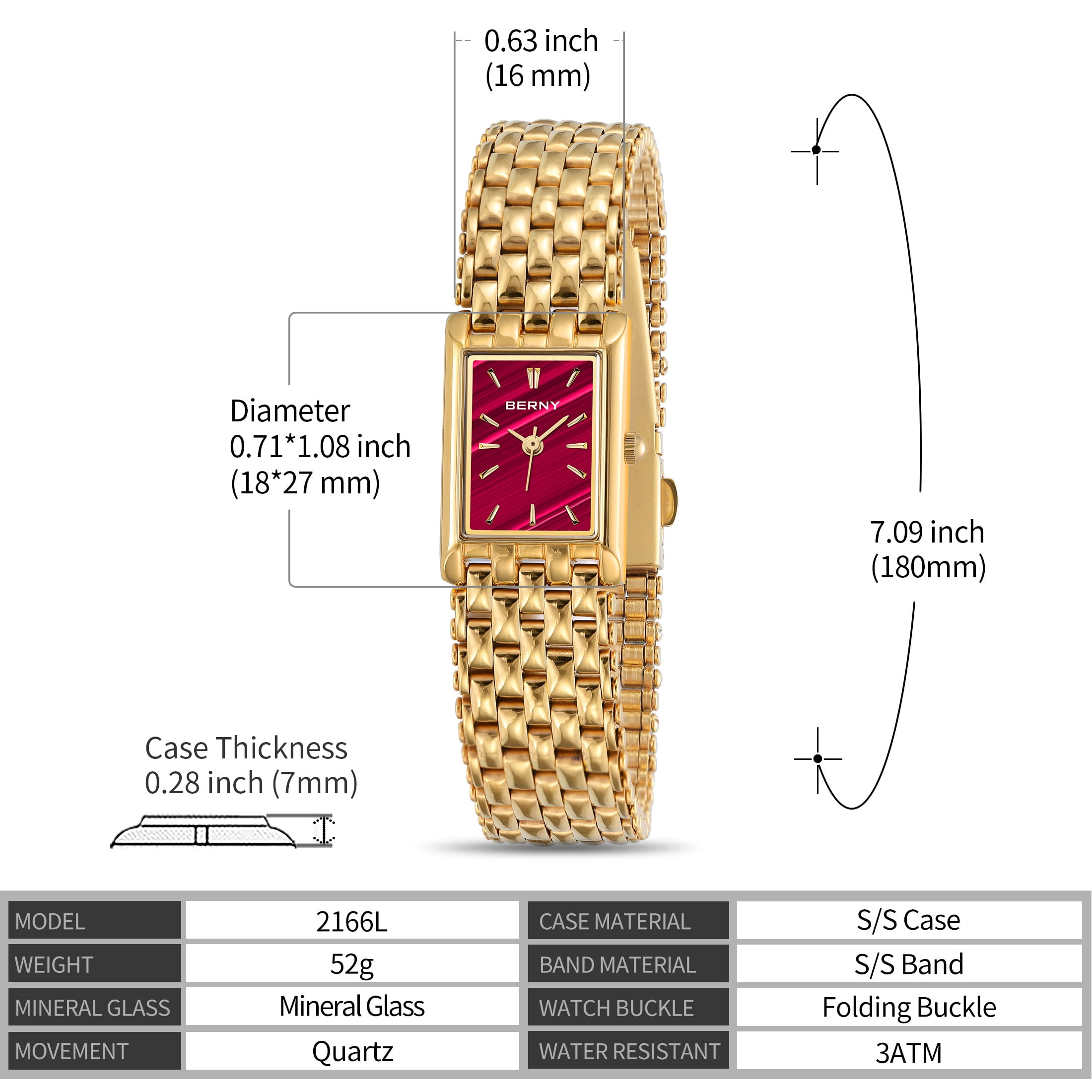 BBERNY Small Gold Watches for Women,Women's Gold Tone Rectangular Quartz Watch, Stainless Steel Band, Waterproof Watch Mother's Day Gift for Women (Red)