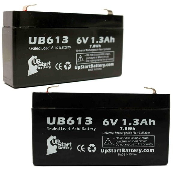 2x Pack - Compatible R&D 5639 Battery - Replacement UB613 Universal Sealed Lead Acid Battery (6V, 1.3Ah, 1300mAh, F1 Terminal, AGM, SLA) - Includes 4 F1 to F2 Terminal Adapters