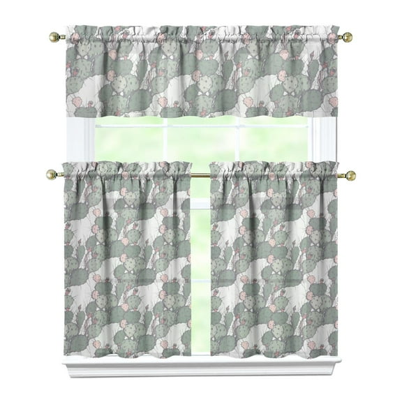 Watercolor Cactus Kitchen Curtains Set - Minimalist Botanical Tier Curtains with Valance (Farmhouse Rod Pocket Design)