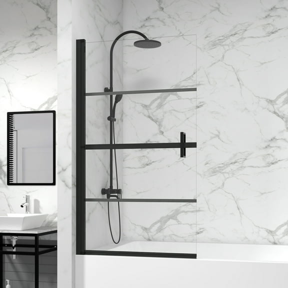 Demi Bonn 31" x 55" Bathtub Shower Screen Door, Stylish Walk-In Wet Room Divider, 180° Pivot Clear Glass Shower Door, Black