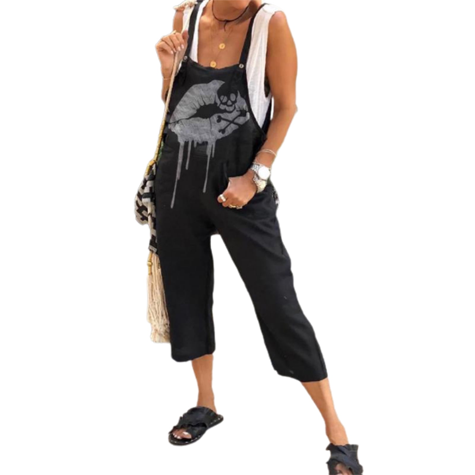 Women's Punk Style Overalls Jumpsuits Casual Baggy Dungarees Suspender Pants Skull Print Overalls Long Playsuit Strap Sleeveless Trousers With Pockets