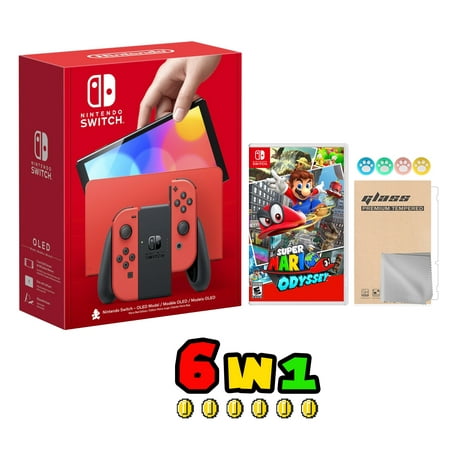 2023 New Nintendo Switch OLED Model Mario Red Edition Joy Con 64GB Console HD Screen & LAN-Port Dock with Super Mario Odyssey, Mytrix Joystick Caps & Screen Protector - JP Version Region Free