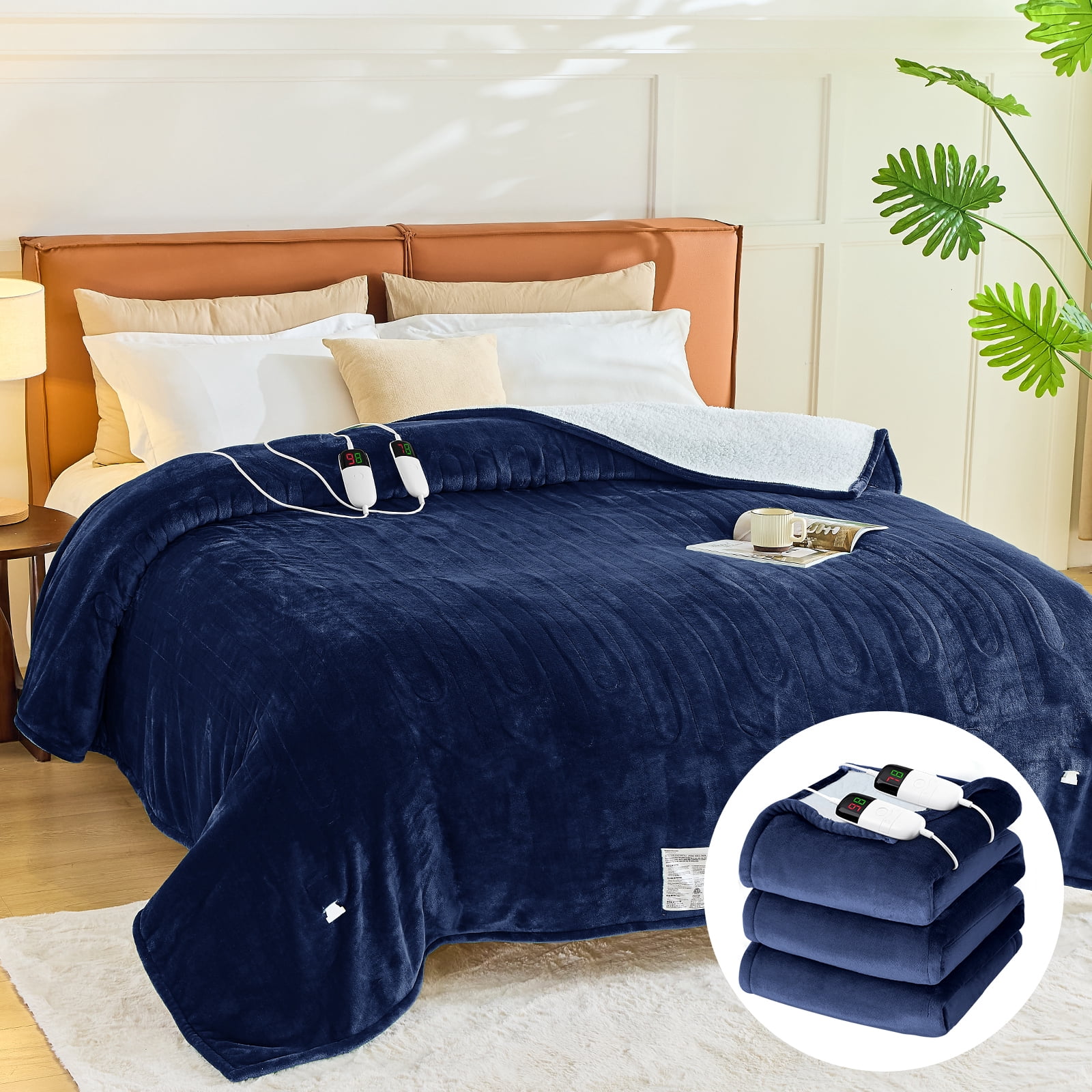 PMONPA Electric Heated Blanket, Flannel & Sherpa Heating Blanket for Adult, Fast-Heating with 10 Heat Levels 5 Time Settings (73"x85", Blue)