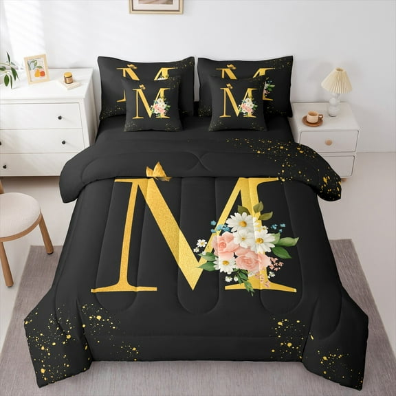 Homewish Initial M Letter Twin Bedding Sets 7-Piece, Butterfly Rose Floral Bedding Comforter Set, Black Gold Sequin Print Reversible Sheet Sets, Lightweight Room Decor