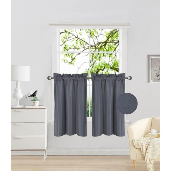 RS5 1-Set Charcoal Rod Pocket Silky Window Curtain Lined Blackout, Two (2) Panels 30"X 36" Each