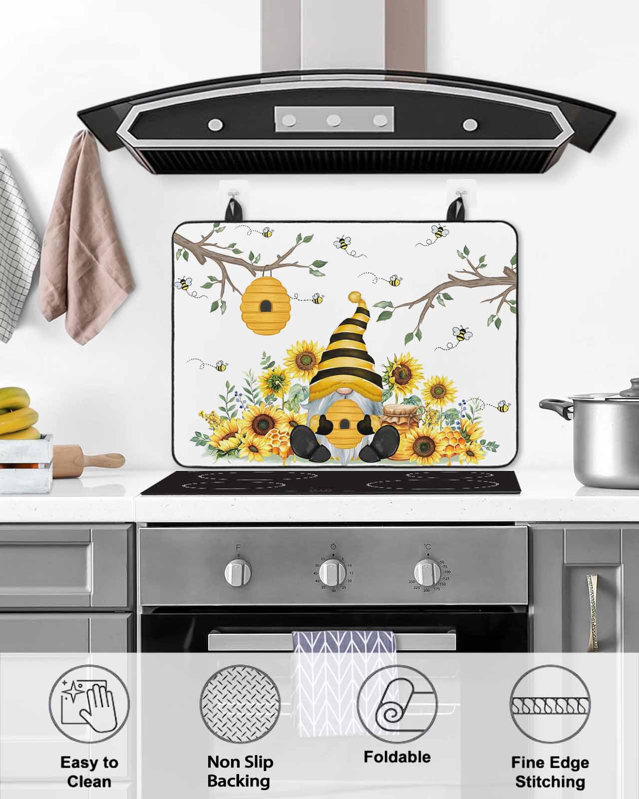 Large Induction Cooktop Protector Mat Gnomes Sunflower Stove Top Covers for Electric Stove, Bees Branches Floral Farmhouse Decorative Stove Burner Cover Mats, Glass Top Stove Cover