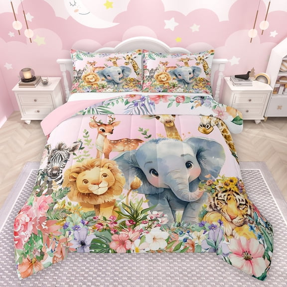 jejeloiu Zoo Tiger Zebra Bedding Comforter Set,Wild Lions Elk Twin Comforter Sets,Colorful Rustic Flowers Bedding Set For Kids,Breathable Home Decor Reversible,2pcs