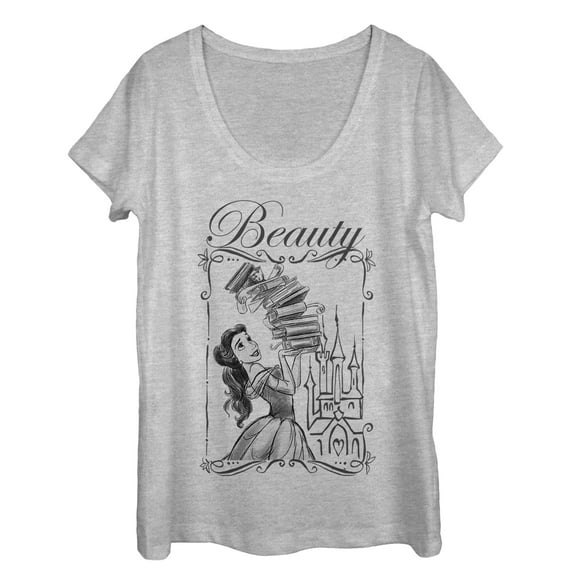 Women's Beauty and the Beast Belle Book Tower  Scoop Neck Athletic Heather 2X Large