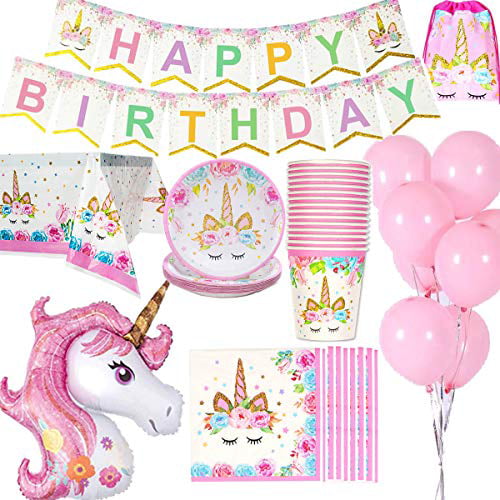 10*Pink and White Balloons 2*Big Size Unicorns 1*Happy Birthday Banner 16*Cups 1*Table Cloth/Cover 16*Napkins 16*Plates Unicorn Birthday Decorations Supplies Tableware 16 Guests