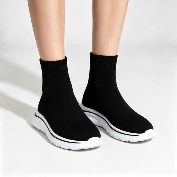 NexTorq Women's High Top Sneakers Sock Shoes Breathable Knit Walking Shoes Slip On Casual Lightweight Athletic Comfortable Footwear for Daily Wear Travel Black US-6 (EU-37)