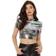 thumbnail image 1 of Disfraz de navidad Top corto metalizado de manga corta con cuello alto para mujer Multicolor Negro M, 1 of 6