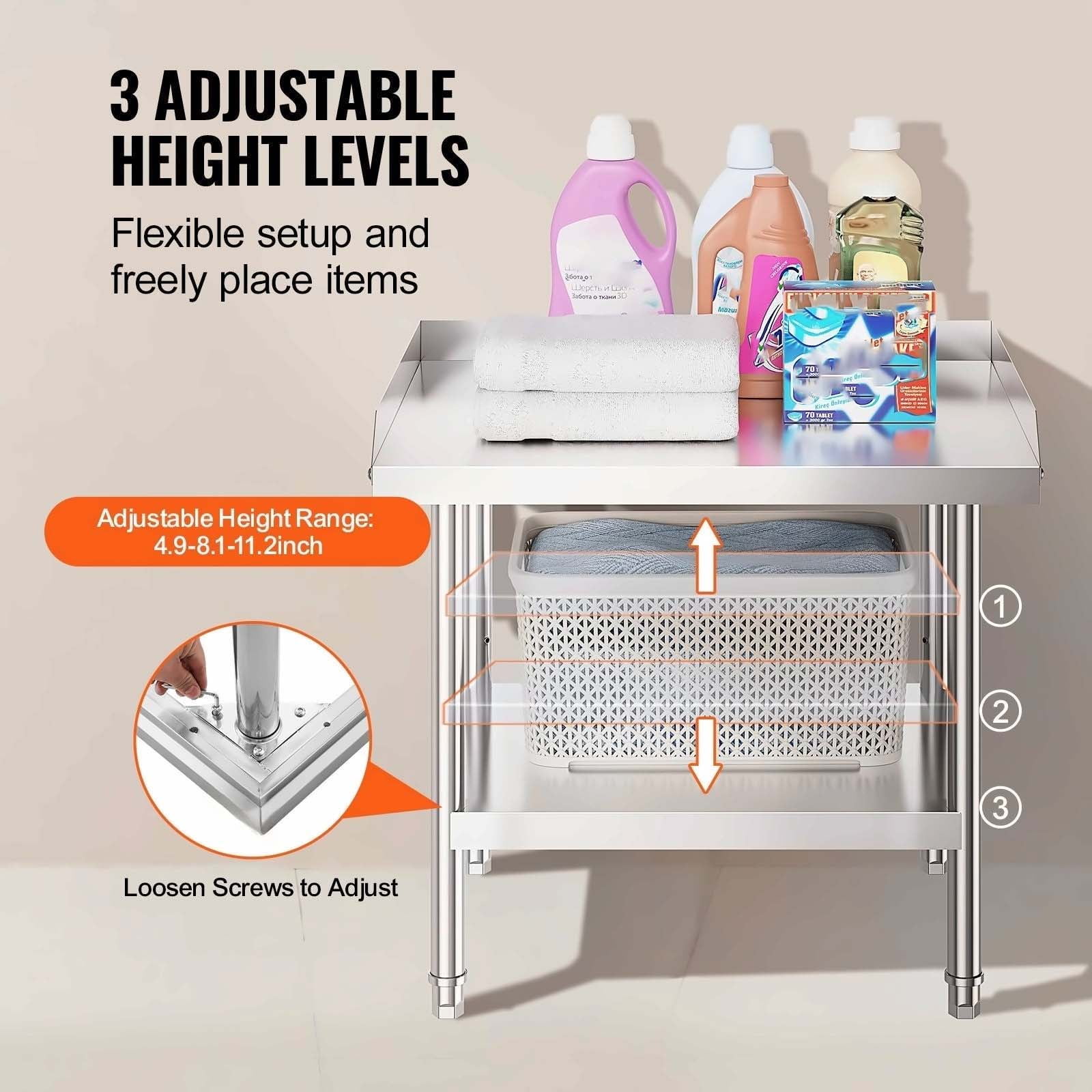 Stainless Steel Work Table 24x28x26 Inch, Commercial Prep Table, 3-Sided Backsplash, Adjustable Height Metal Worktable for Kitchen Restaurant Hotel