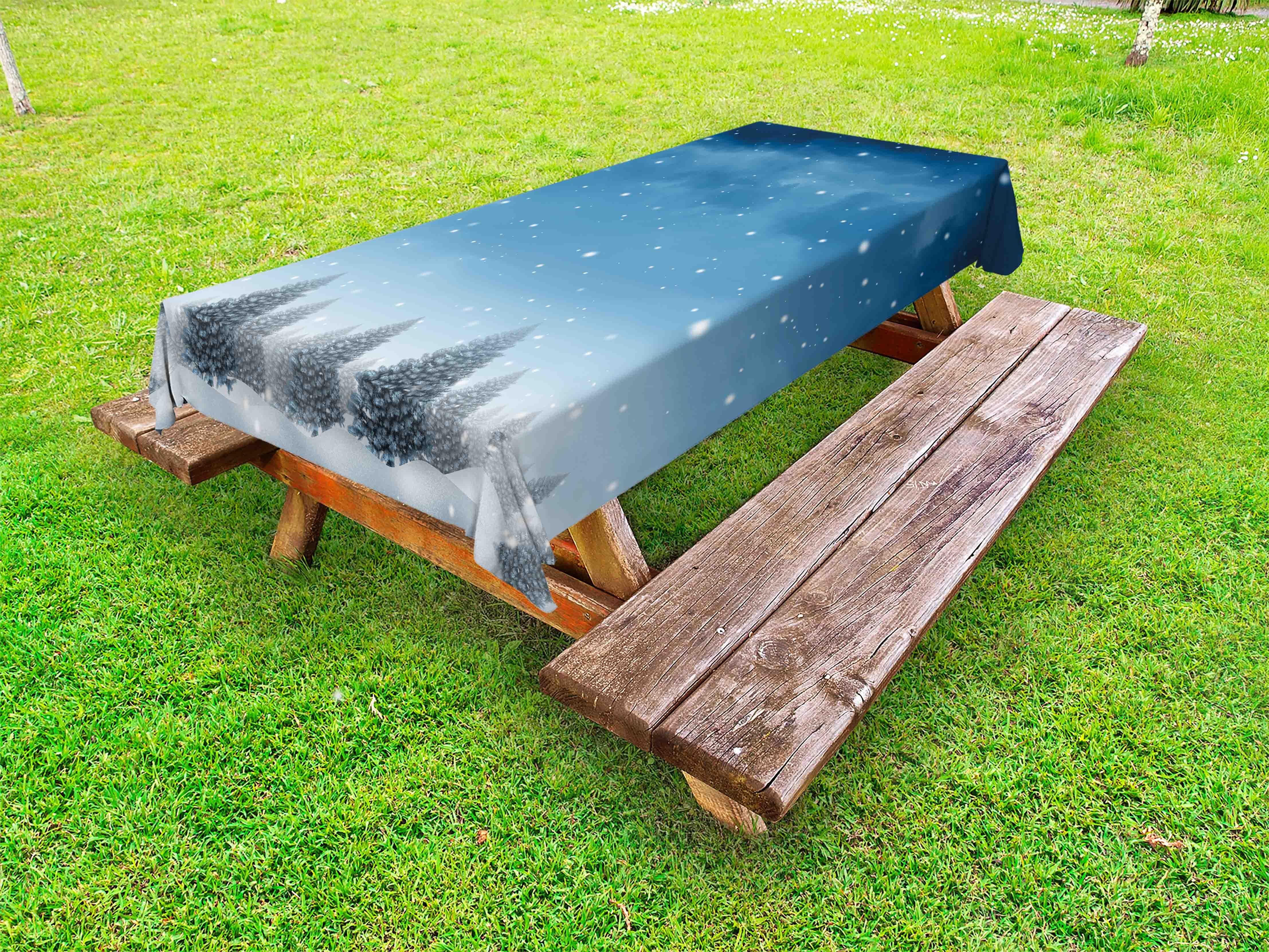 Winter Outdoor Tablecloth, Christmas Inspired Cold Blue Forest of Pine Trees on a Snowing